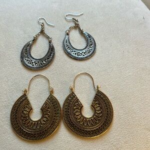 Boho Gold and Silver Filigree Crescent Earrings